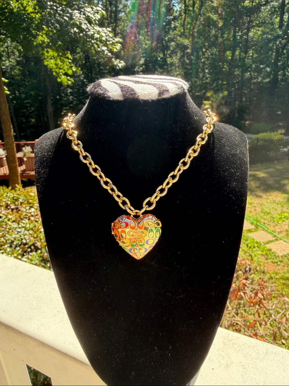 Coach Gold-Tone Link Necklace with Multicolor Enamel Heart Locket/pendant NWT - Picture 7 of 17